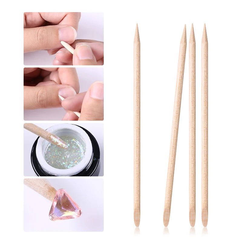 10/20/30/40/50/100pcs Wooden Nail Art Cuticle Remover Pusher Rhinestone Double Head Portable Nails Tools Decoration